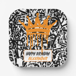Graffiti Crown Black Orange Happy Birthday Paper Plates