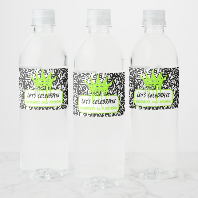 Graffiti Crown Green Let's Celebrate Birthday  Water Bottle Label (Bottles)