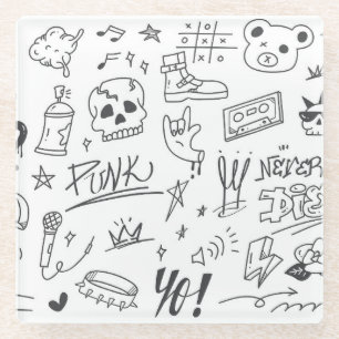 Graffiti Doodles: Punk Music Scribble Glass Coaster
