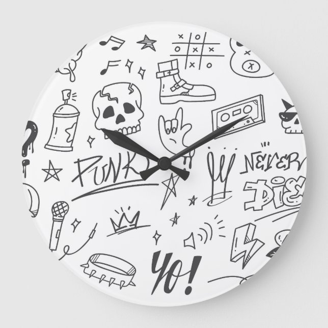 Graffiti Doodles: Punk Music Scribble Large Clock (Front)