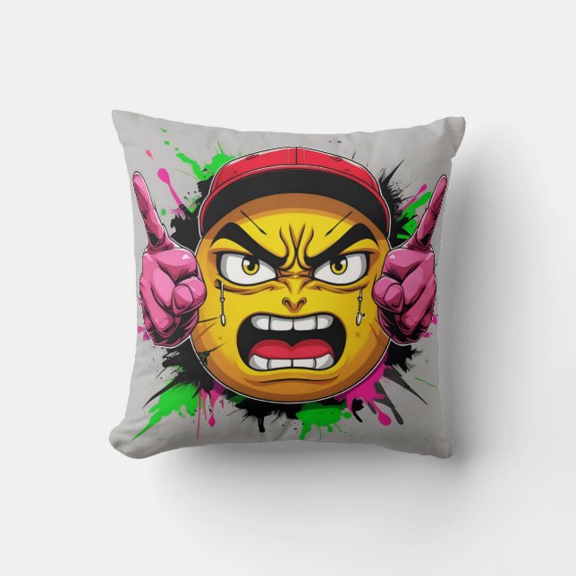 "Graffiti Emoji Rage – Angry Face with Cap and Mid Throw Pillow (Front)