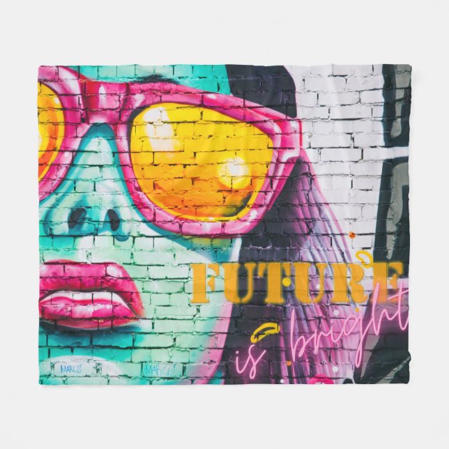 Graffiti Future Is Bright Neon Girl & Sunglasses Fleece Blanket (Front (Horizontal))