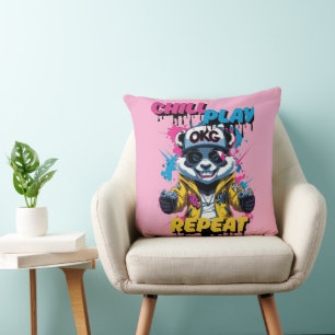 Graffiti Gamer Panda Pop Throw Pillow