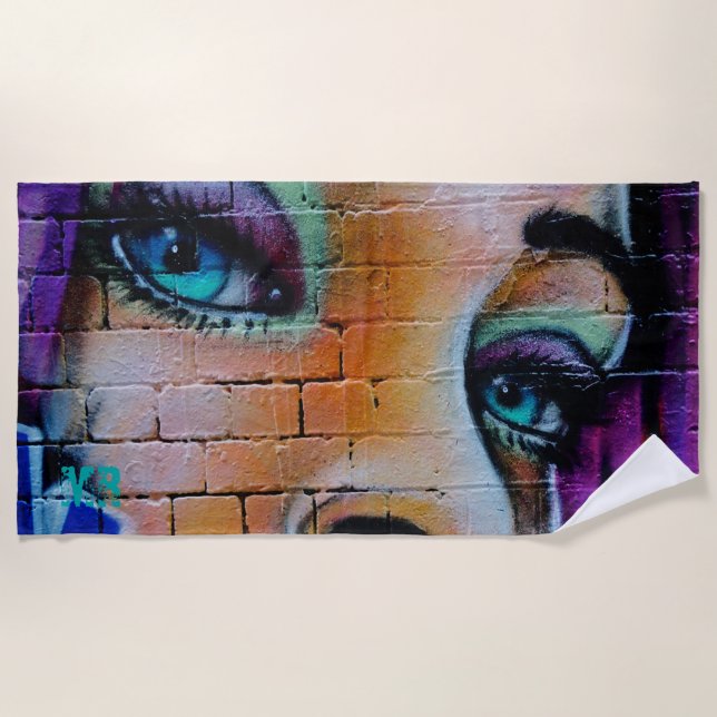 Graffiti Girl Purple Blue Pretty Eyes Monogram Beach Towel (Front)