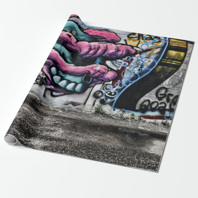 Graffiti Gray Pink Skull Urban Street Wall Art Wrapping Paper (Unrolled)
