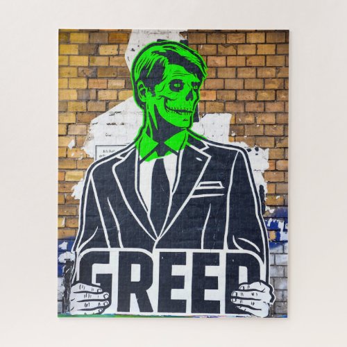 Graffiti green skull faced man holding Greed sign Jigsaw Puzzle