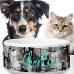 Graffiti grunge aqua blue custom name<br><div class="desc">Pet bowl featuring a gray and black grunge pattern background and your name in aqua blue.</div>