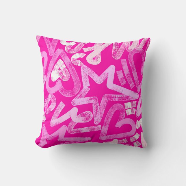 Graffiti Hearts and Stars Pink Throw Pillow (Front)