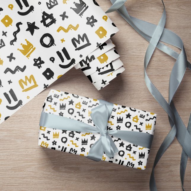 Graffiti Hip Hop Black & Gold Rap Doodle Big One Wrapping Paper (Creator Uploaded)