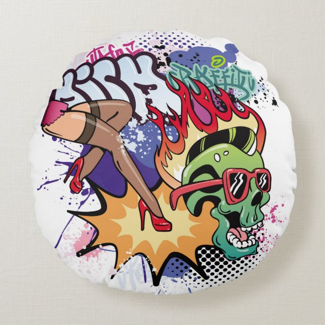 Graffiti illustration with street graffiti letters round pillow (Front)