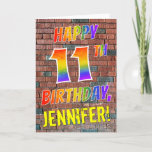 [ Thumbnail: Graffiti Inspired Rainbow Look Happy 11th Birthday Card ]