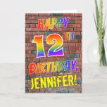 [ Thumbnail: Graffiti Inspired Rainbow Look Happy 12th Birthday Card ]