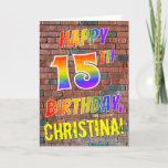 [ Thumbnail: Graffiti Inspired Rainbow Look Happy 15th Birthday Card ]