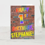 [ Thumbnail: Graffiti Inspired Rainbow Look Happy 1st Birthday Card ]