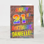 [ Thumbnail: Graffiti Inspired Rainbow Look Happy 21st Birthday Card ]