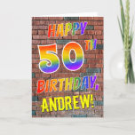 [ Thumbnail: Graffiti Inspired Rainbow Look Happy 50th Birthday Card ]