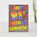 [ Thumbnail: Graffiti Inspired Rainbow Look Happy 91st Birthday Card ]
