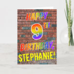 [ Thumbnail: Graffiti Inspired Rainbow Look Happy 9th Birthday Card ]