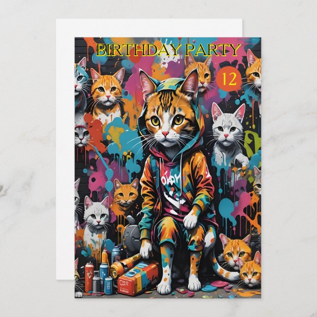 Graffiti Legend Street Cat 12th Birthday Invitation (Front/Back)