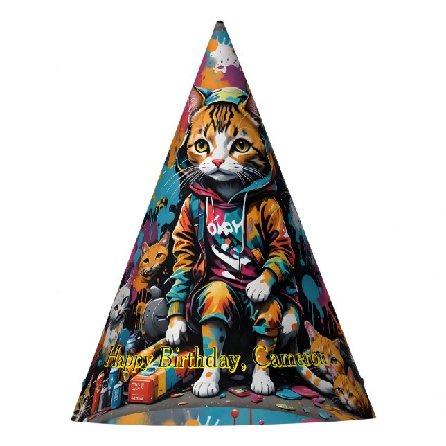 Graffiti Legend Street Cat Happy Birthday Name Party Hat (Front)