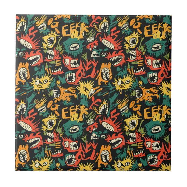 Graffiti Monster Eek Black Halloween Ceramic Tile (Front)
