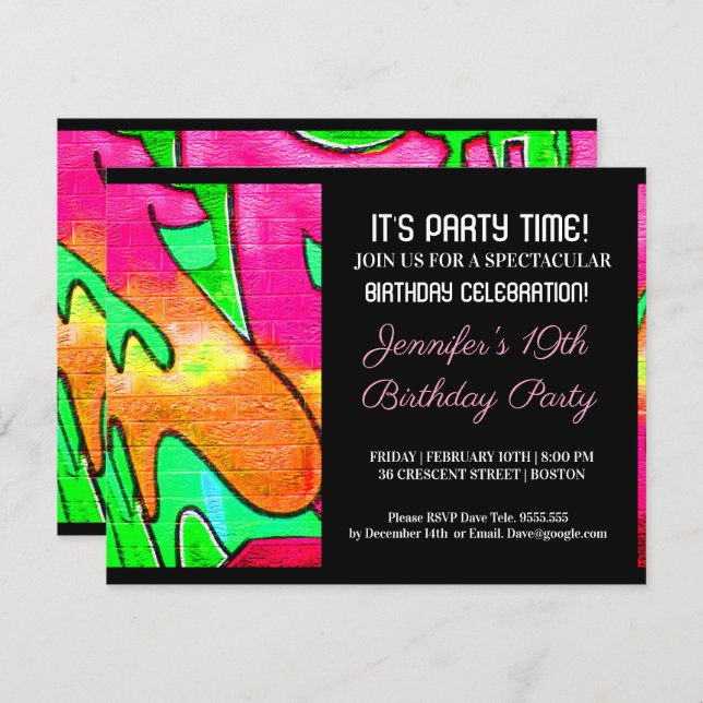 Graffiti Pink Abstract Letters Birthday Invitation (Front/Back)