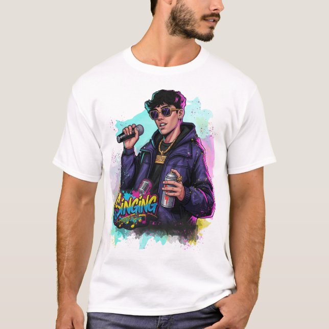 Graffiti Pop Singer with Mic & Spray Can T-Shirt (Front)