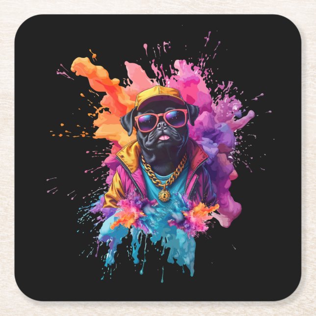 "Graffiti Pug Mouse Pad – Urban Street Art Dog Des Square Paper Coaster (Front)