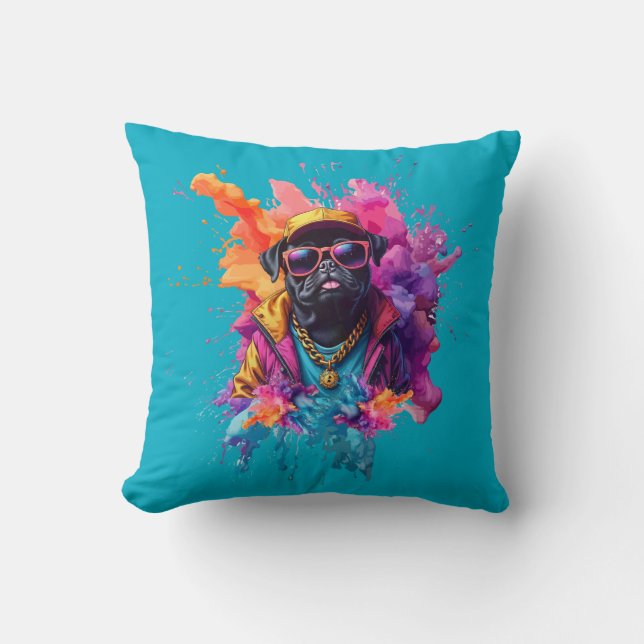 "Graffiti Pug Throw Pillow – Urban Street Art Dog  (Front)