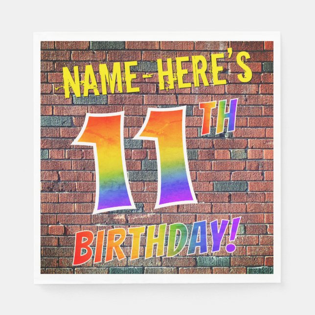 Graffiti Rainbow Look 11TH BIRTHDAY! + Custom Name Napkins (Front)