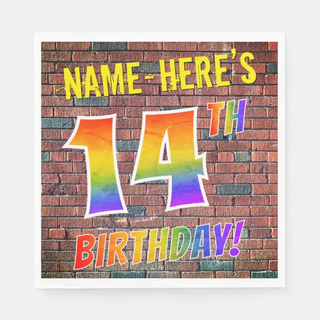 Graffiti Rainbow Look 14TH BIRTHDAY! + Custom Name Napkins (Front)