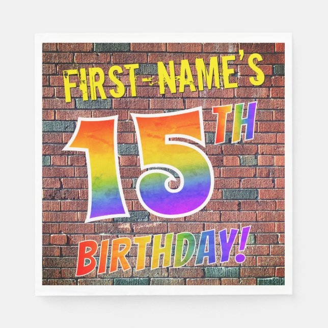 Graffiti Rainbow Look 15TH BIRTHDAY! + Custom Name Napkins (Front)