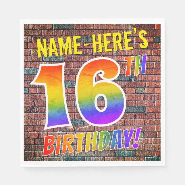 Graffiti Rainbow Look 16TH BIRTHDAY! + Custom Name Napkins (Front)