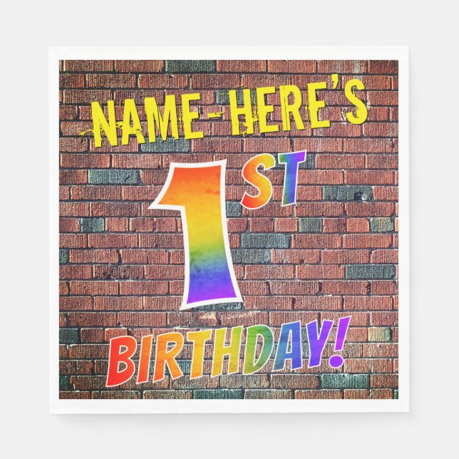 Graffiti Rainbow Look 1ST BIRTHDAY! + Custom Name Napkins (Front)