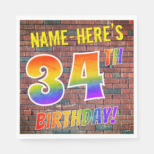 Graffiti Rainbow Look 34TH BIRTHDAY! + Custom Name Napkins (Front)