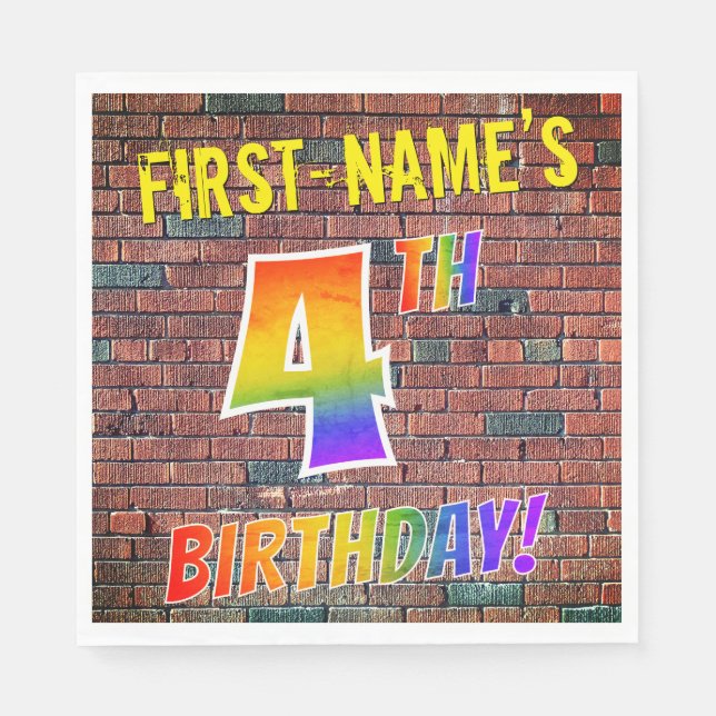 Graffiti Rainbow Look 4TH BIRTHDAY! + Custom Name Napkins (Front)