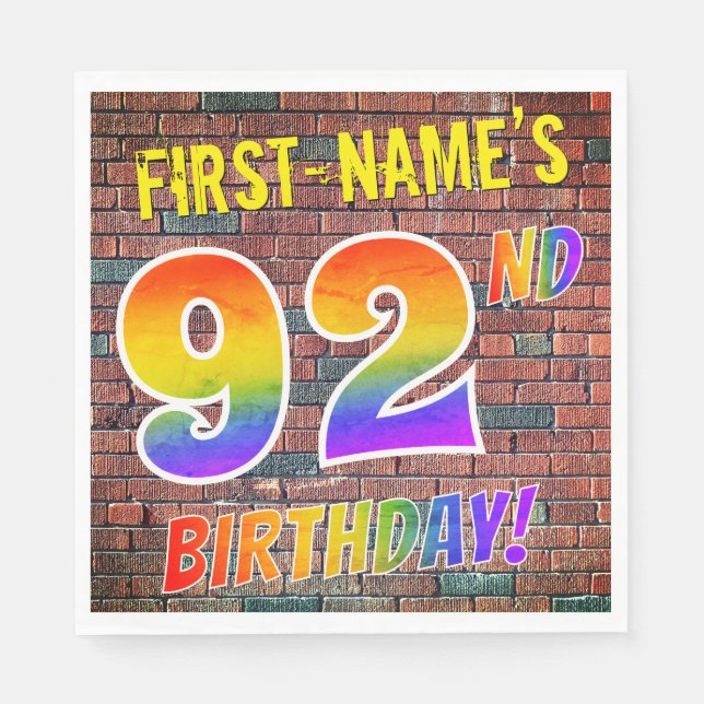 Graffiti Rainbow Look 92ND BIRTHDAY! + Custom Name Napkins (Front)