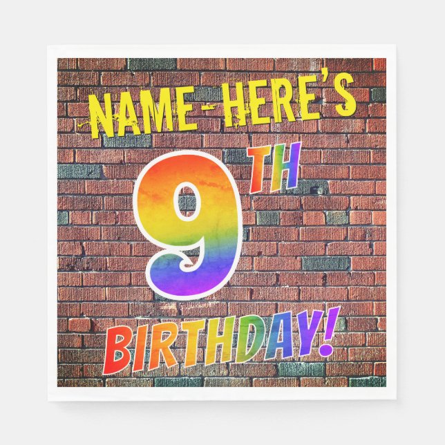 Graffiti Rainbow Look 9TH BIRTHDAY! + Custom Name Napkins (Front)