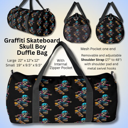 Graffiti Skateboard Skull Boy on Black Duffle Bag