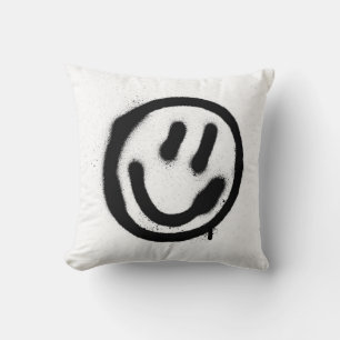 graffiti smiling face emoticon in black on whitesp throw pillow