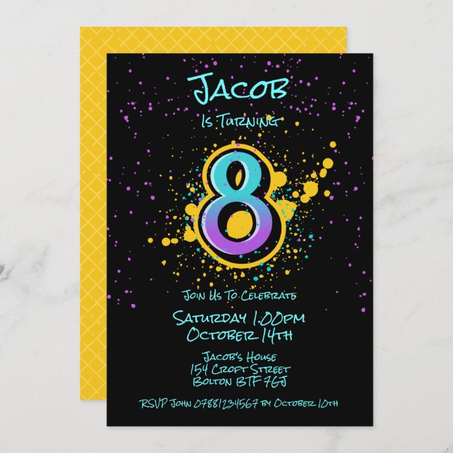Graffiti Splatter Age Eight Invitation (Front/Back)