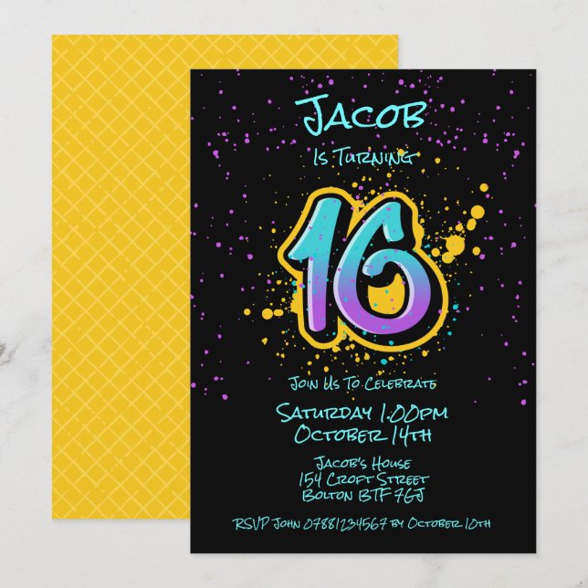 Graffiti Splatter Age Sixteen Invitation (Front/Back)