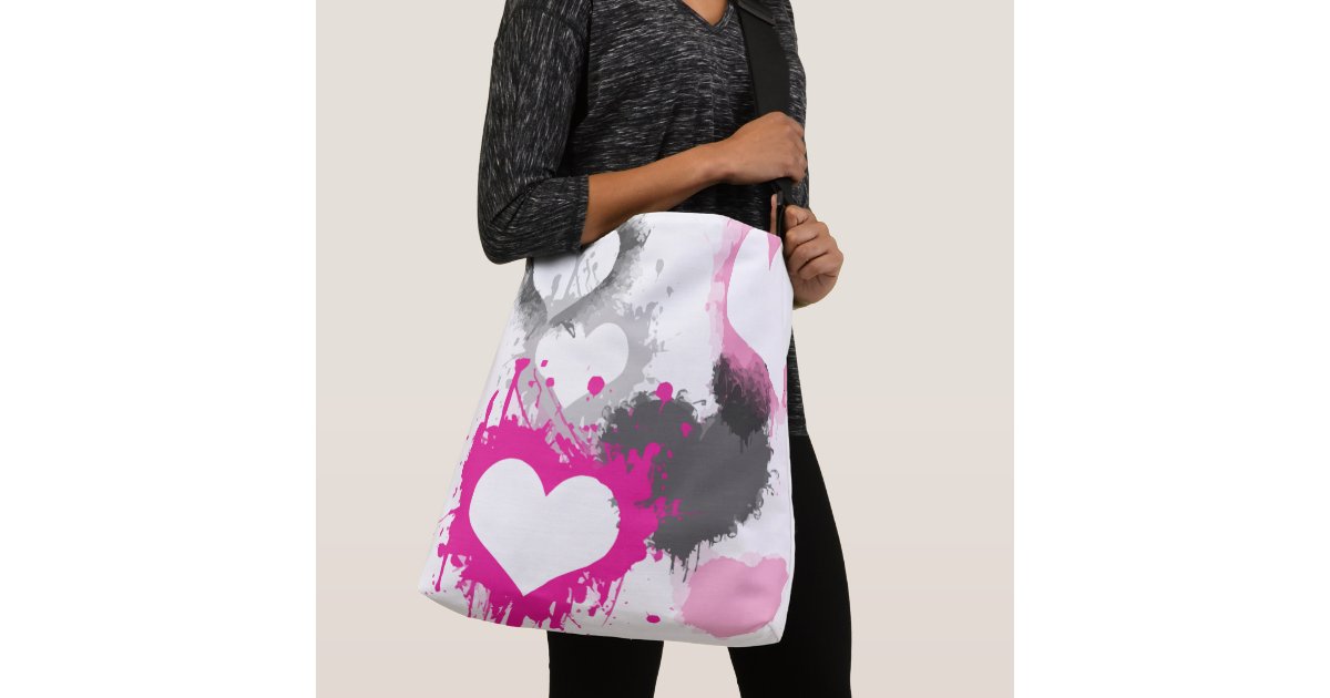 Rainbow colors spray paint sparking glitter heart tote bag