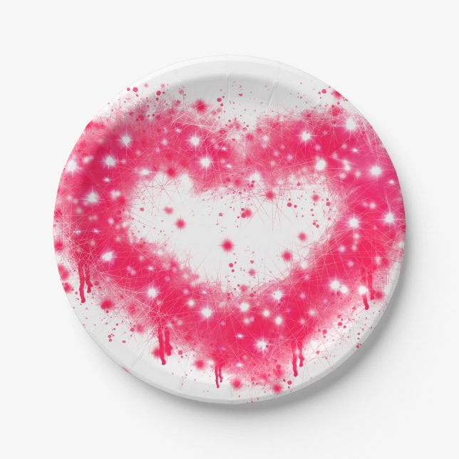 Graffiti spray paint pink sparkling heart design paper plates (Front)