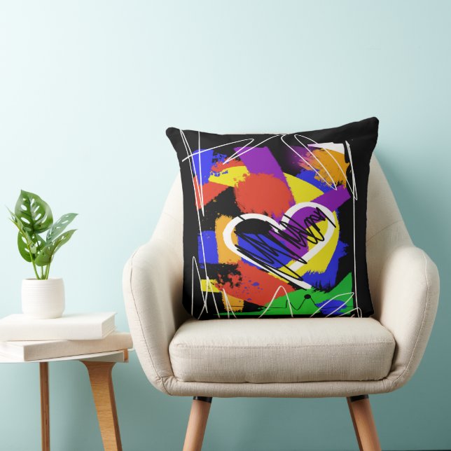 Graffiti Style Colorful Messy Heart Throw Pillow (Chair)