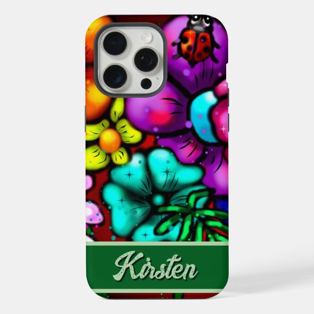 Graffiti Style Flowers & Ladybug Personalized iPhone Case (Back)