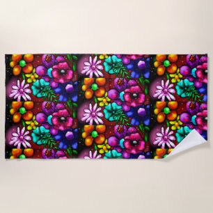 Graffiti Style Flowers & Ladybug Pink Purple Red Beach Towel