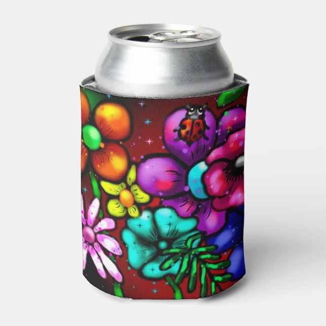 Graffiti Style Flowers & Ladybug Pink Purple Red Can Cooler (Can Front)