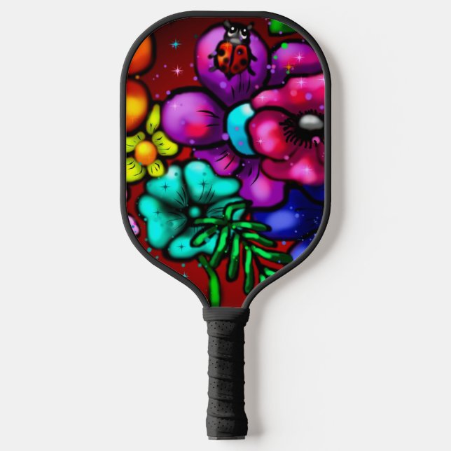 Graffiti Style Flowers & Ladybug Pink Purple Red Pickleball Paddle (Front)