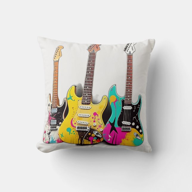 Graffiti Style Guitars with Musical Notes Throw Pillow (Front)